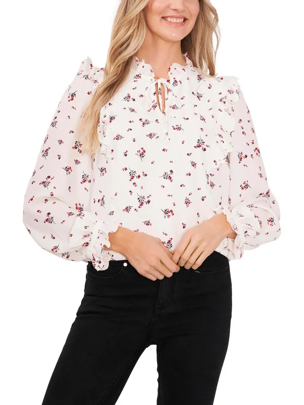 Womens Floral Print Tie Neck Pullover Top