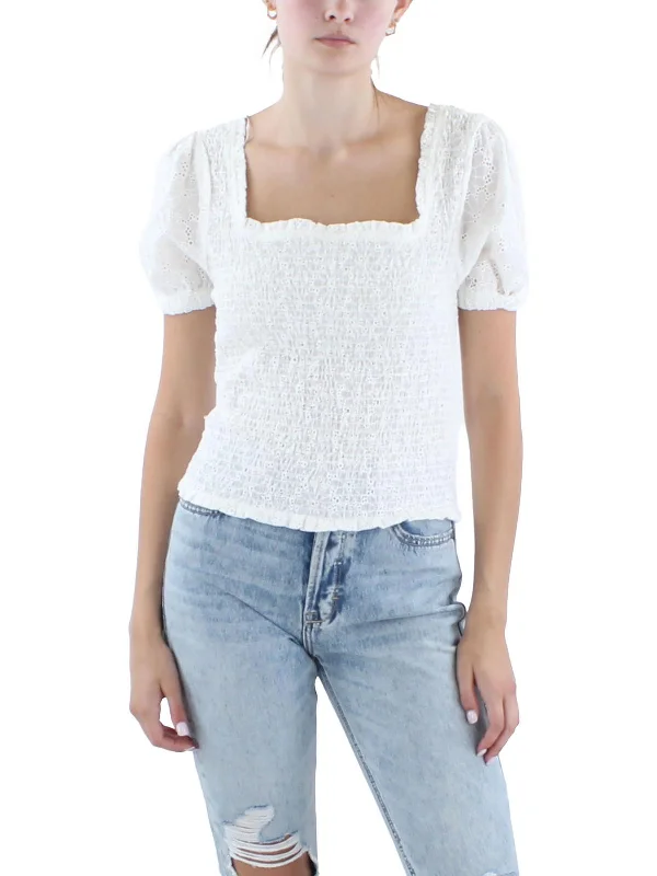 Womens Perforated Cotton Pullover Top