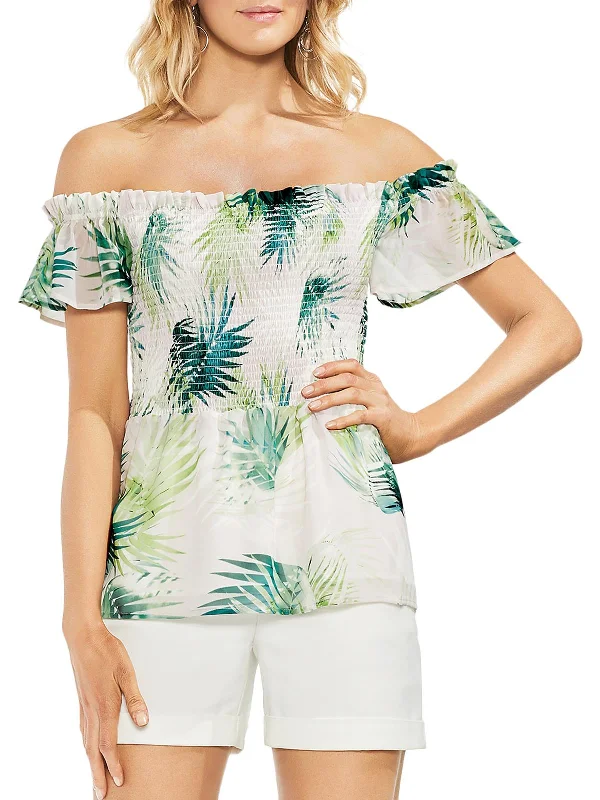 Womens Printed Off-The-Shoulder Pullover Top