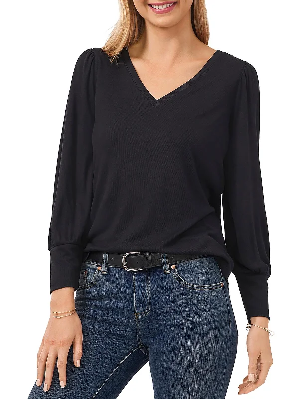 Womens Ribbed V-Neck Pullover Top