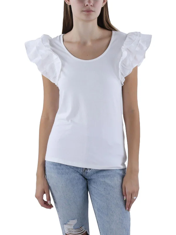 Womens Ruffle Sleeves Scoop Neck Pullover Top