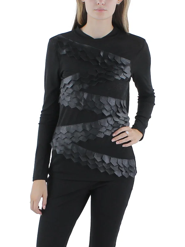 Womens Sheer Faux Leather Trim Pullover Top