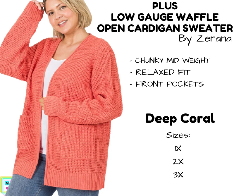 PLUS Low Gauge Waffle Open Cardigan Sweater - Deep Coral