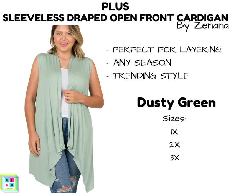 PLUS Sleeveless Draped Open Front Cardigan - Dusty Green