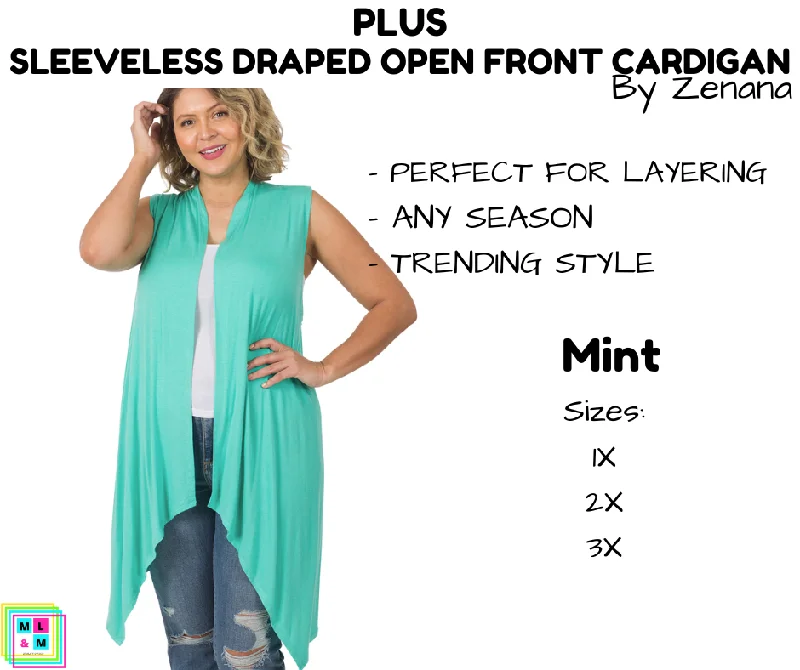 PLUS Sleeveless Draped Open Front Cardigan - Mint