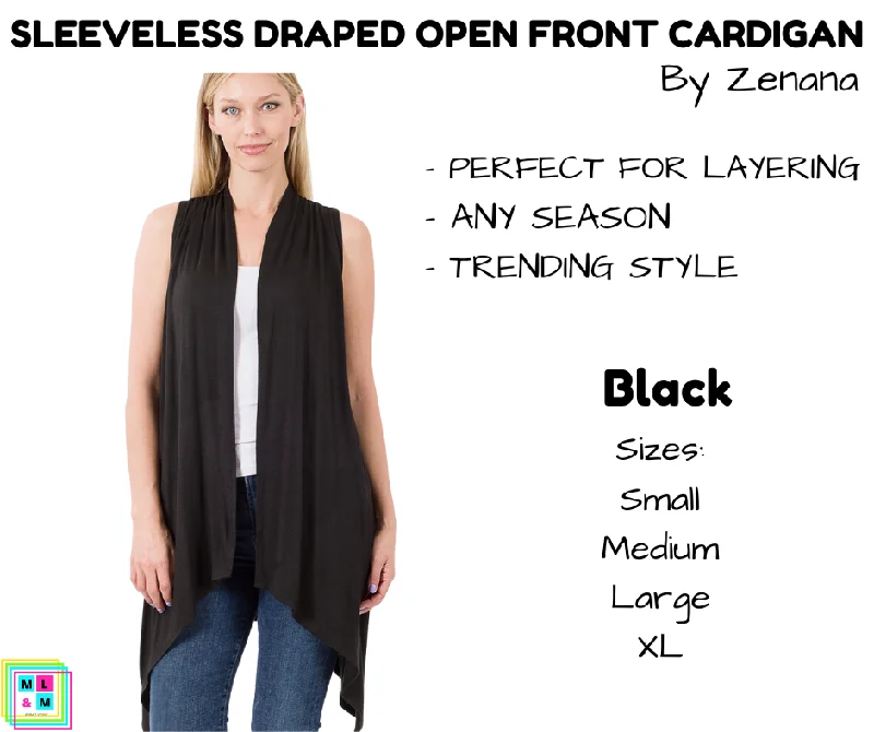 Sleeveless Draped Open Front Cardigan - Black