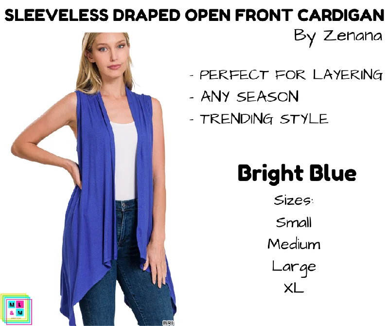 Sleeveless Draped Open Front Cardigan - Bright Blue