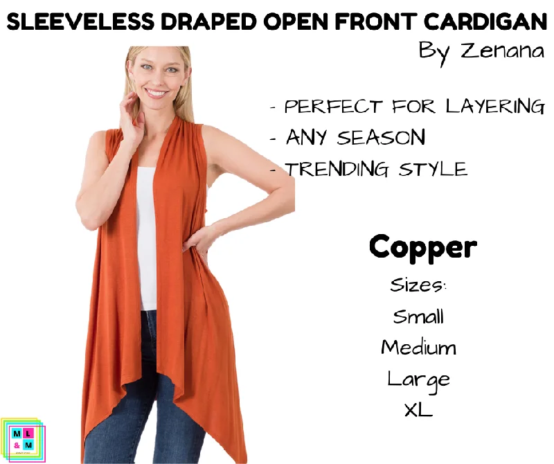 Sleeveless Draped Open Front Cardigan - Copper