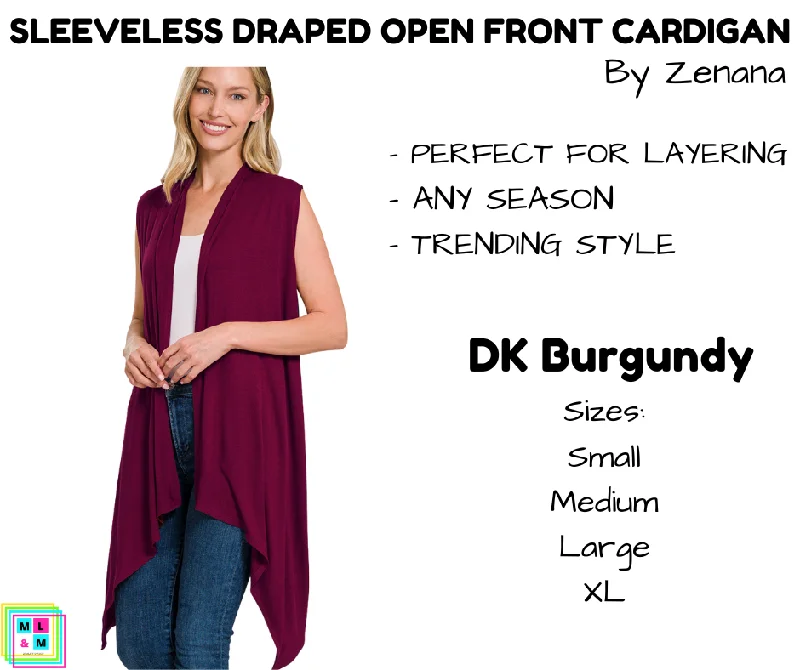 Sleeveless Draped Open Front Cardigan - DK Burgundy