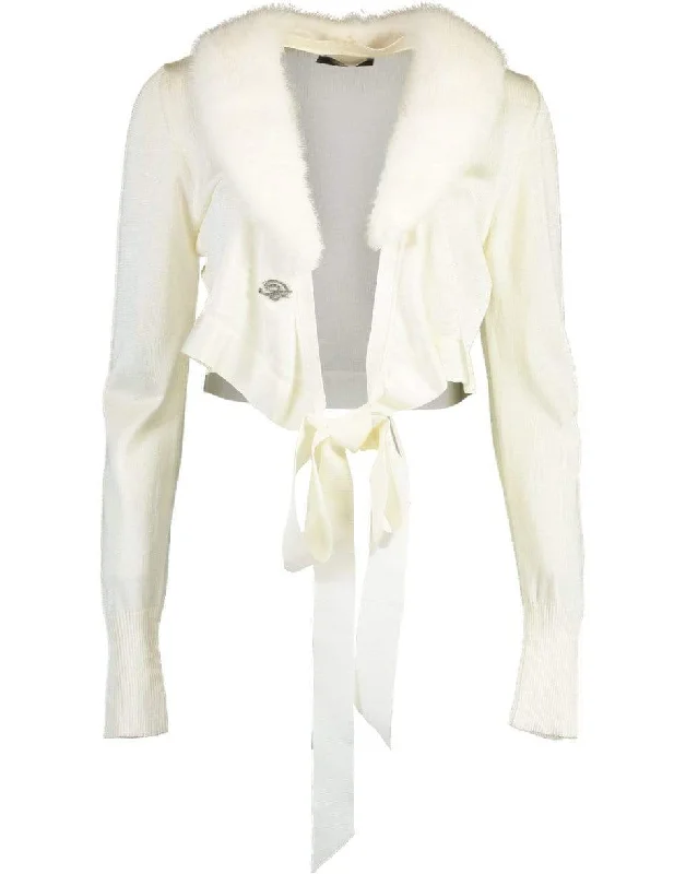 White Fur Collar Cropped Cardigan