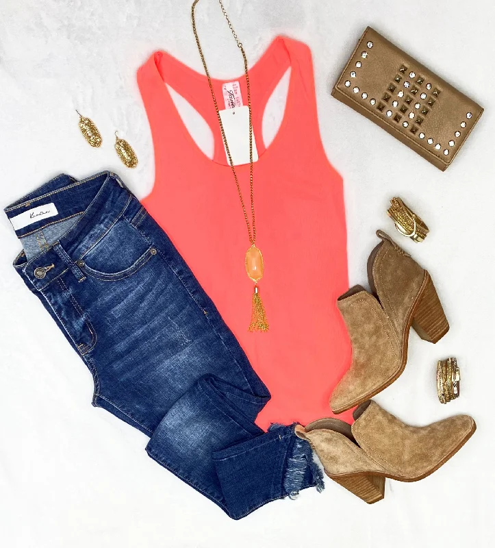 Everyday Basic Ribbed Racerback Tank - Neon Coral