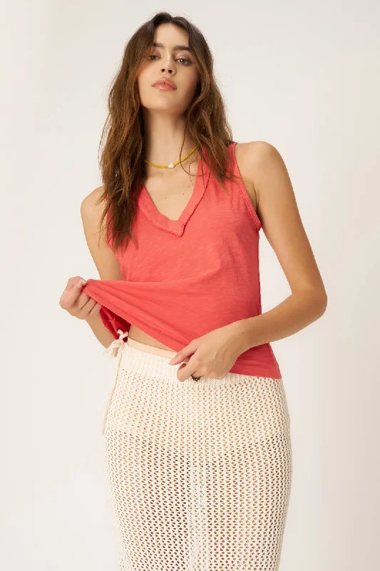 Let Me Know Relaxed Slub V Neck Tank - Sunset Coral