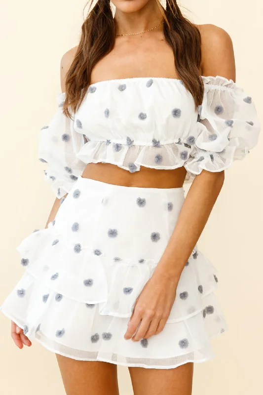 Krista Off-Shoulder Puff Sleeve Pompom Crop Top White/Blue