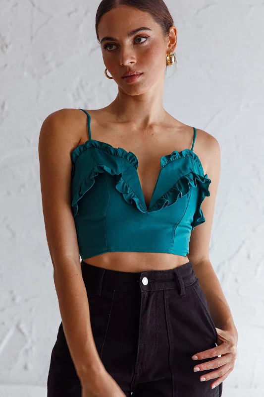 La Seine V-Neckline Frill Trim Crop Top Forest Green