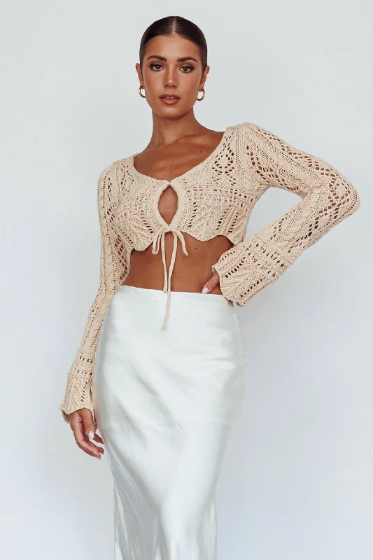 Maycie Long Sleeve Crochet Crop Top Beige