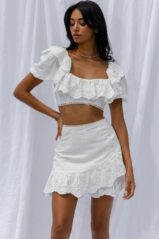 New Moon Ruffle Trim Puff Sleeve Eyelet Crop Top White