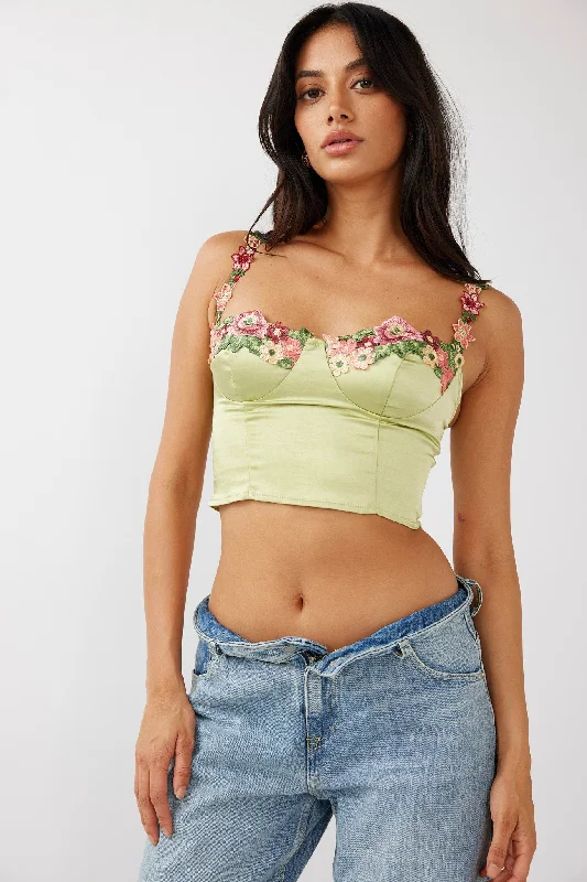 Rose Garden Floral Applique Crop Top Lime