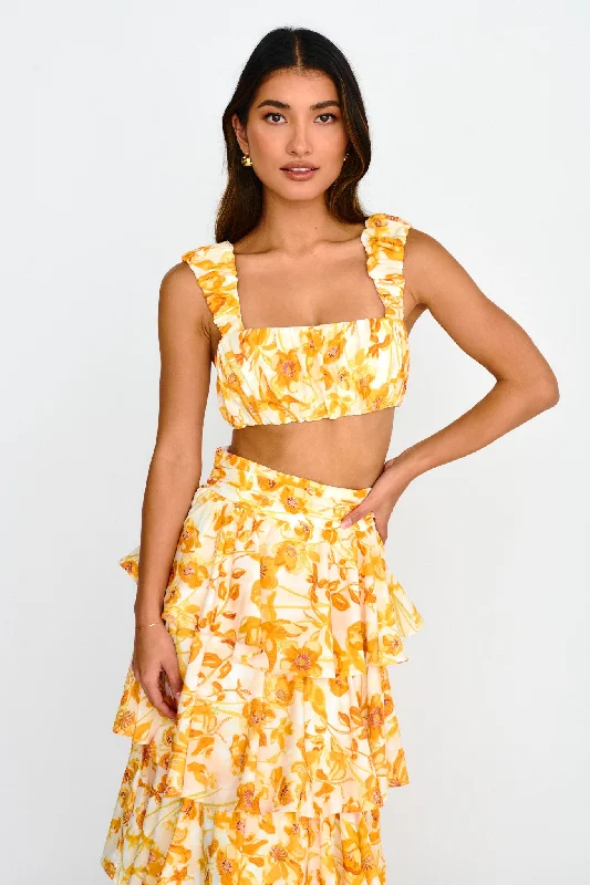 Suenito Gathered Crop Top Floral Orange