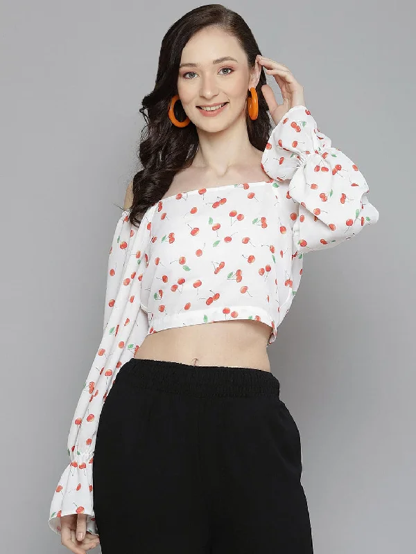 Women White Cherry Print Victorian Sleeve Crop Top